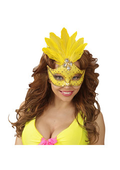 oogmasker brazilie met veren en parels, neon geel