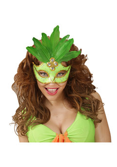 oogmasker brazilie met veren en parels, neon geel