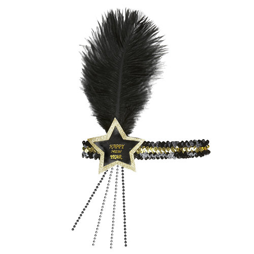 glitter hoofdbandje zwart/goud happy new year ster