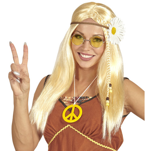pruik, hippie met bloemenkrans blond