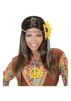 pruik, hippie bruin met meerkleuren bloem hoofdband