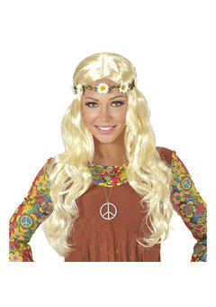 pruik, hippie/ middeleeuwen blond met bloemen hoofdband