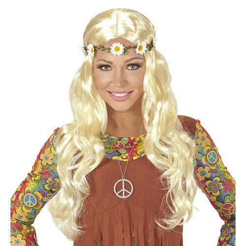 pruik, hippie/ middeleeuwen blond met bloemen hoofdband