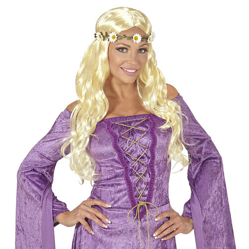 pruik, hippie/ middeleeuwen blond met bloemen hoofdband