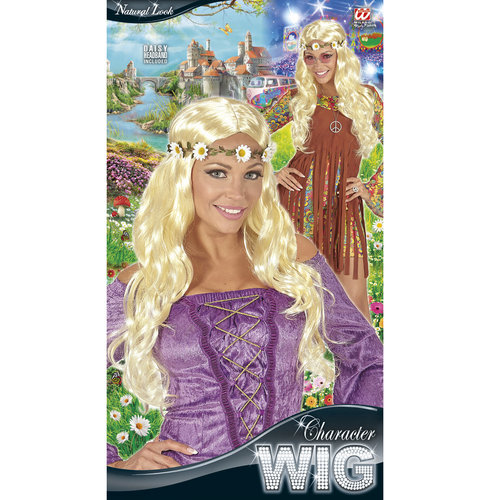 pruik, hippie/ middeleeuwen blond met bloemen hoofdband