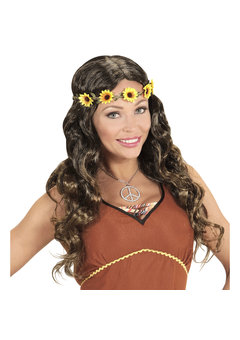 pruik, hippie bruin met zonnenbloem hoofdband