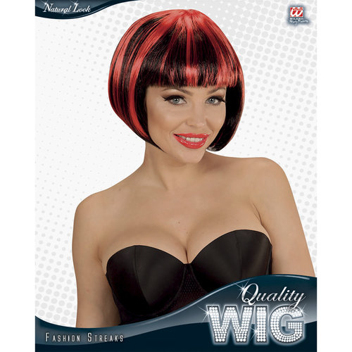 pruik, streaks zwart/rood