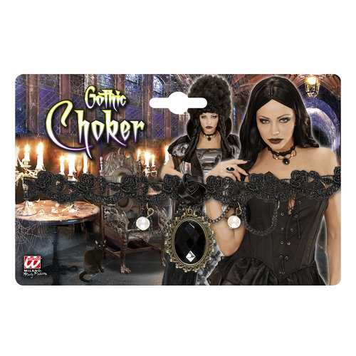 nekband gothic met zwarte steen en rozen