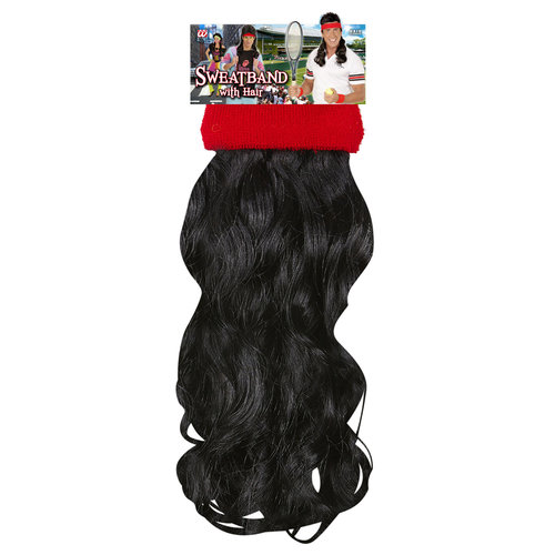 rode zweetband met zwart gekruld haar