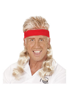rode zweetband met blond gekruld haar