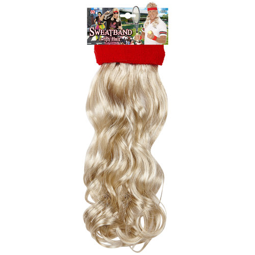 rode zweetband met blond gekruld haar