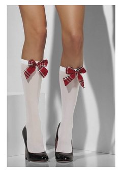 Witte knie kousen met Schotse strik