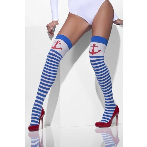 Mooie blauw wit gestreepte kousen met print anker