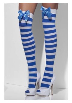 Hoge kousen blauw wit gestreept met strik
