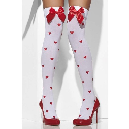 Mooie witte hoge kousen met hartjes en rode strik