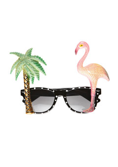 bril, flamingo en palmboom