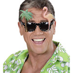 bril, flamingo en palmboom