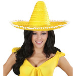 sombrero 50cm, geel met pom poms