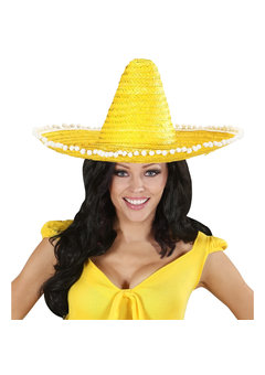 sombrero 50cm, geel met pom poms