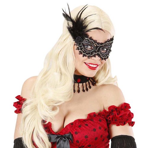 oogmasker zwart met roos en veren