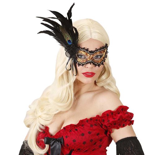 oogmasker turquoise met decratie en veren