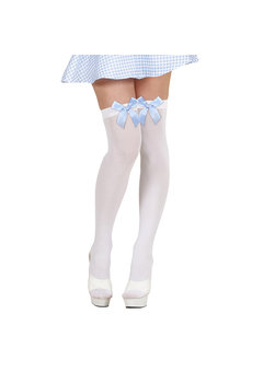 witte kousen met azuurblauwe strik