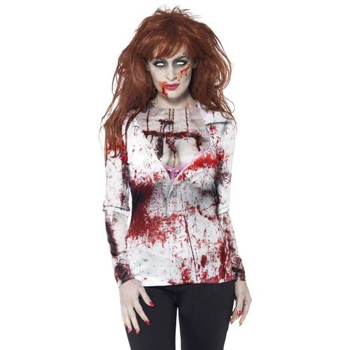 Griezelig zombie dames blouse met print en bloedspetters