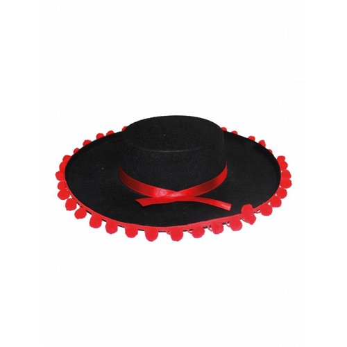 Stijlvolle Spaanse hoed met rode bies met bollen