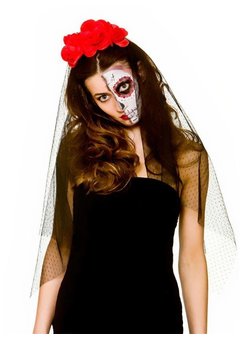 Zwarte bruidssluier Kate met rode bloemen