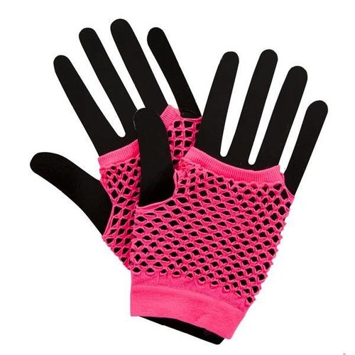 Leuke 80-jaren visnet handschoenen neon roze kort model