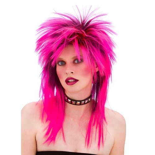 Ruige punk pruik 80-jaren in de kleur neon roze voor dames en heren