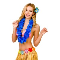 Mooie volle Hawaii slinger Akamu met kobalt blauwe bloemen