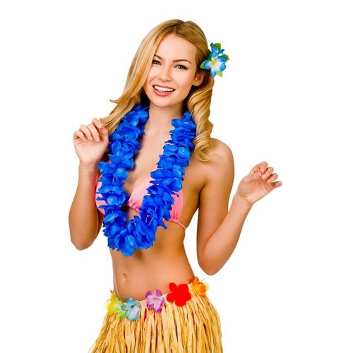 Mooie volle Hawaii slinger Akamu met kobalt blauwe bloemen