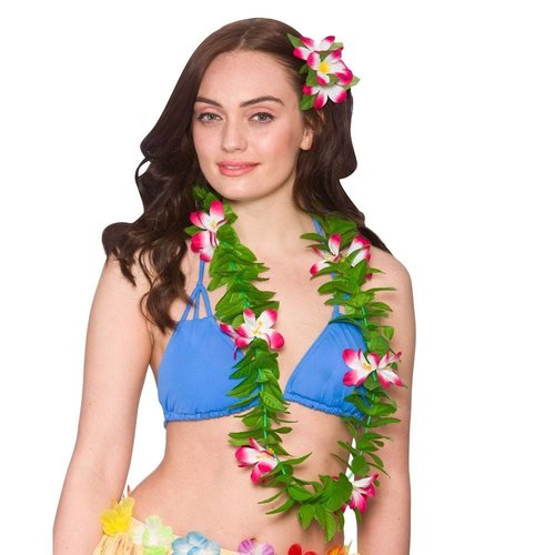 Leuke  Hawaï krans met bloemen in de kleur roze