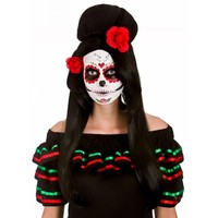 Leuke  pruik Jennifer day of the dead met rode rozen