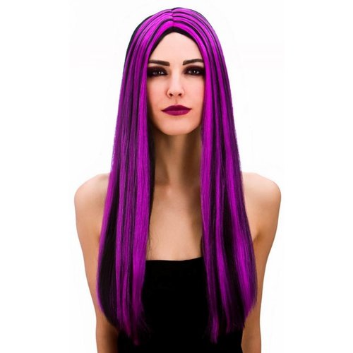 Leuke heksen pruik Mandy extra lang zwart en paars haar