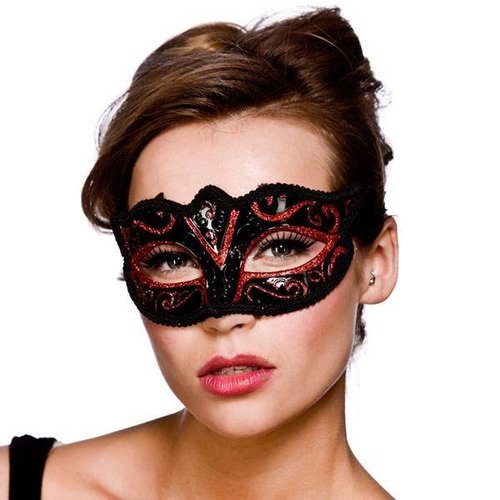 Mooi oogmasker Rome zwart met rode glitters