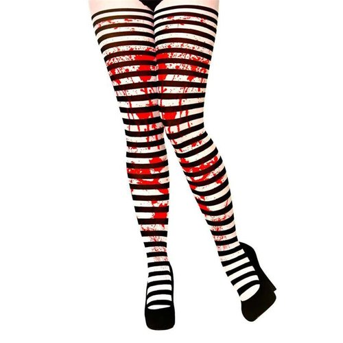 Unieke Hoge kousen zwart wit gestreept met bloedspetters