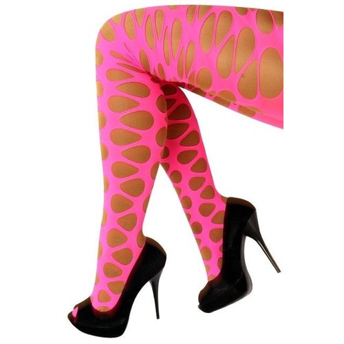 Mooie panty fluor pink met grote gaten one size