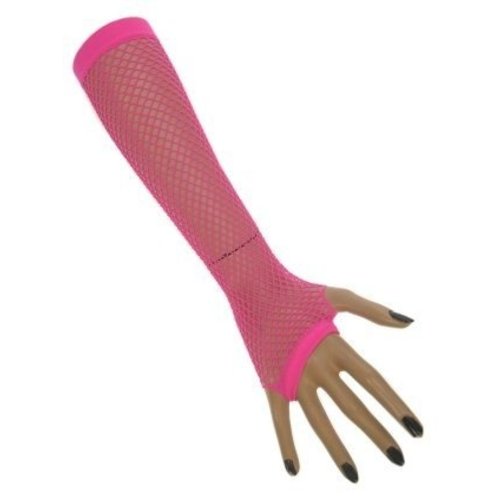 Mooie vingerloze net handschoenen Vera fluor pink lang model
