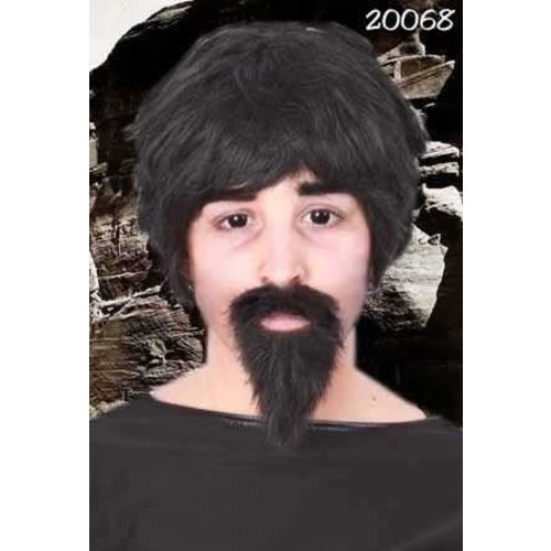 Leuke zwarte korte pruik Willem met snor en baard