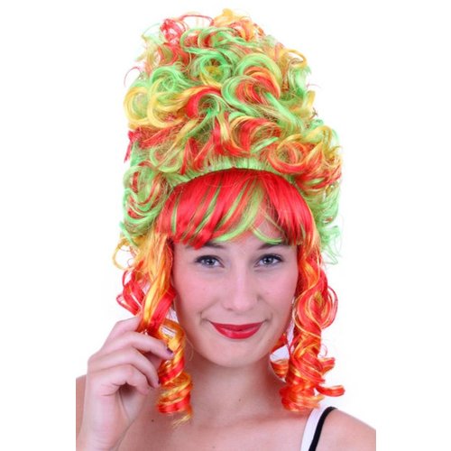 Mooie pruik hofdame Vera in rood geel groen