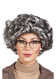 Pruik oma Saar met krullen in grijs