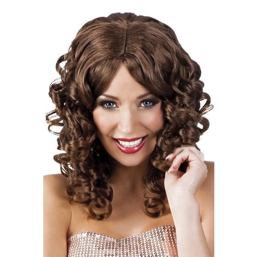 Mooie pruik Naomi bruin met krullen