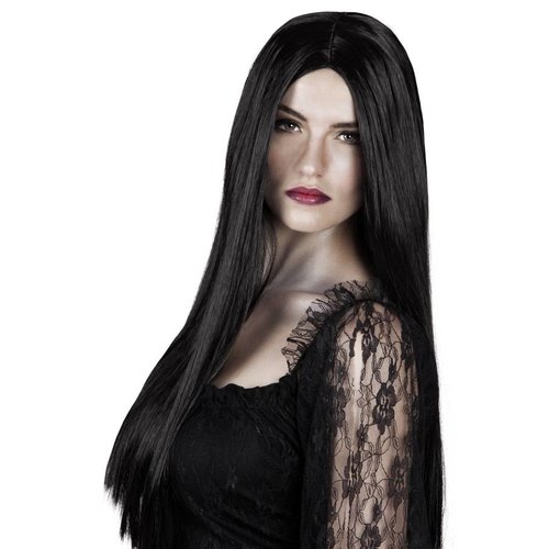 Mooie zwarte pruik Evelien lang steil haar