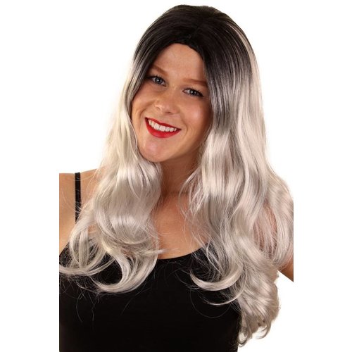 Mooie pruik Anniek lang golvend haar in  grijs/zwart