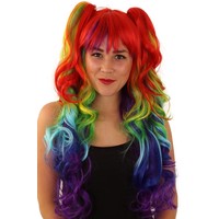 Leuke pruik Linda in regenboogkleuren met golvend haar