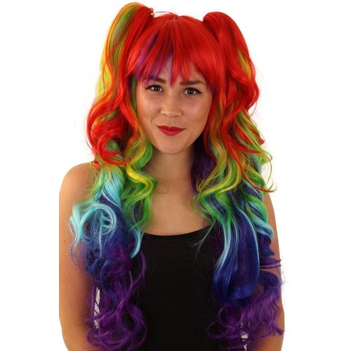 Leuke pruik Linda in regenboogkleuren met golvend haar