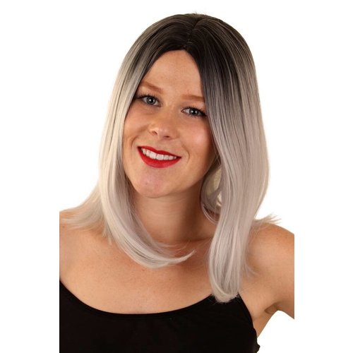 Leuke pruik Linda grijs zwart half lang haar