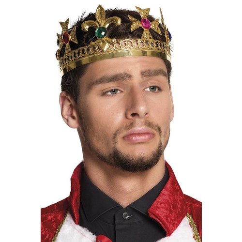 Gouden koningskroon met gekleurde nep diamanten